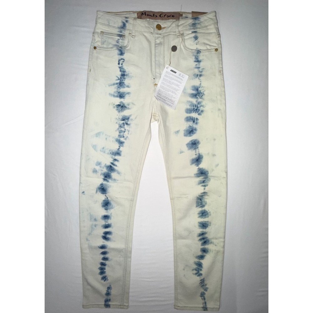 Manila Grace Jeans Size 29 Off-White Blue Tie Dye Vertical Stripe Stretch Italy